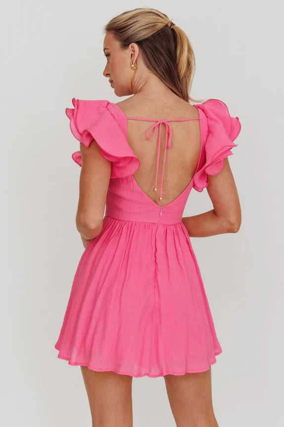 Asymmetrical Neck Ruffle Strap Gold U Decorations Pink Mini Homecoming Dress