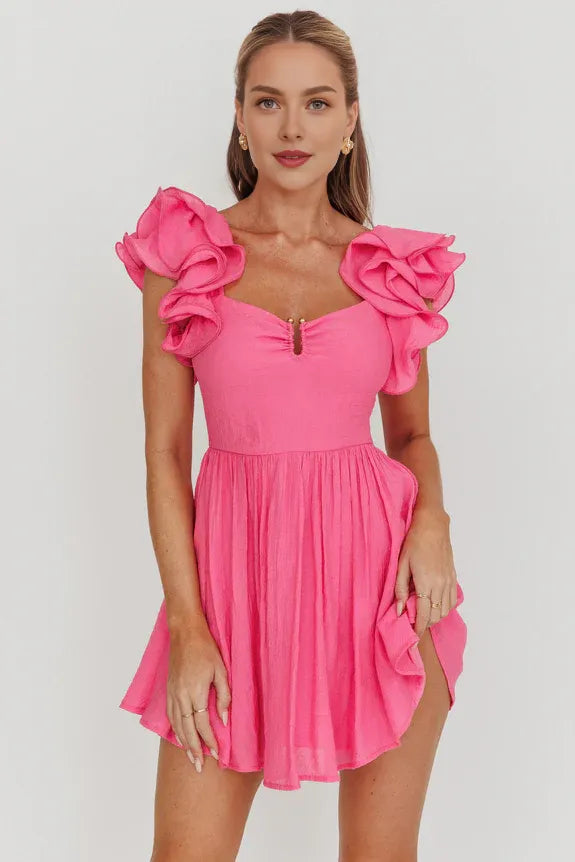 Asymmetrical Neck Ruffle Strap Gold U Decorations Pink Mini Homecoming Dress