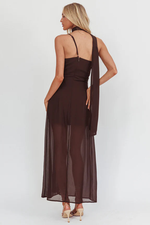 Asymmetrical Neck Scarf Chocolate Maxi Homecoming Dress Prom Dress