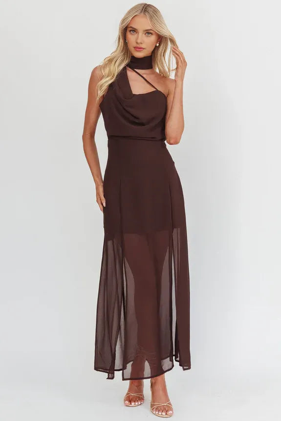Asymmetrical Neck Scarf Chocolate Maxi Homecoming Dress Prom Dress