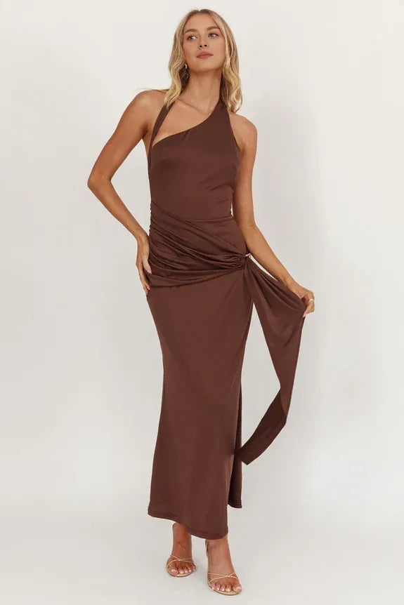 Asymmetrical Neckline Waist Sash Chocolate Midi Homecoming Dress Prom Dress