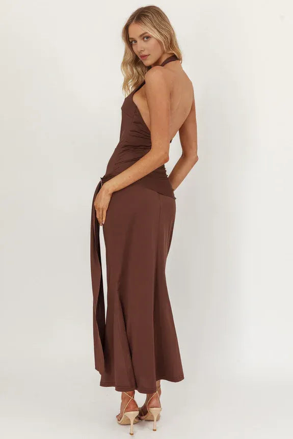 Asymmetrical Neckline Waist Sash Chocolate Midi Homecoming Dress Prom Dress