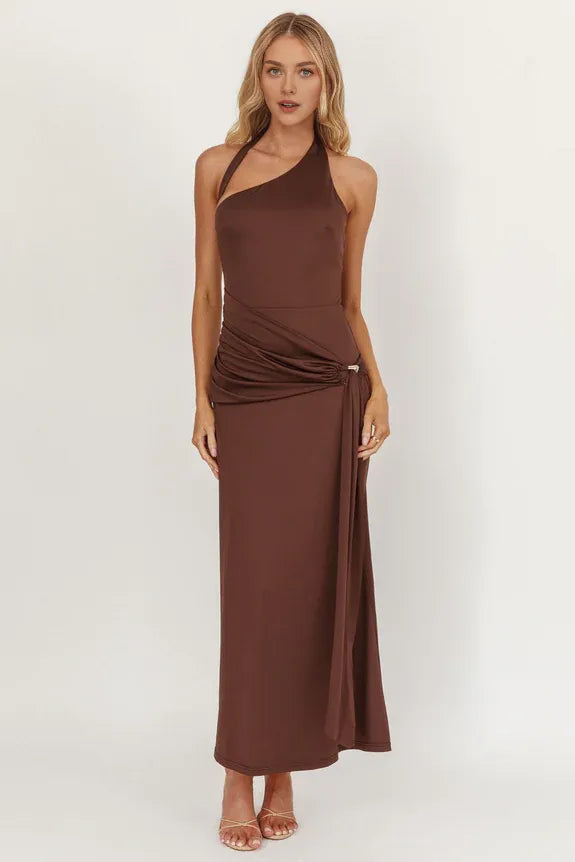 Asymmetrical Neckline Waist Sash Chocolate Midi Homecoming Dress Prom Dress
