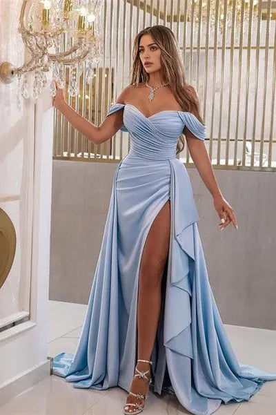 Baby Blue Sweetheart Collar Off-the-Shoulder Mermaid Ruffles Evening Dress Slit Long With Train