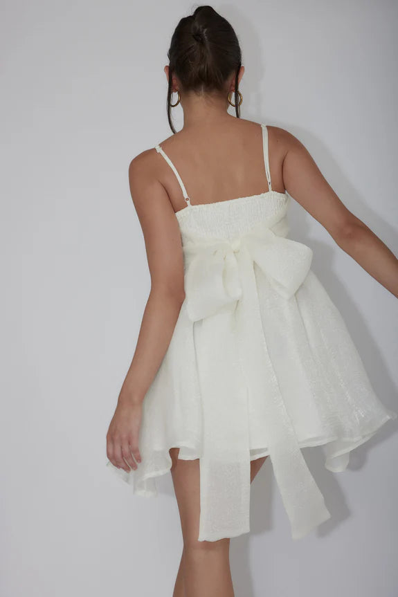 Babydoll Spaghetti Straps Ivory Mini Homecoming Dress With Tie Bow Back