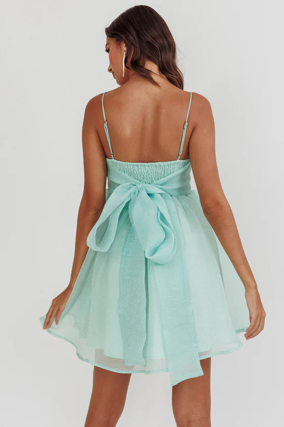 Babydoll Spaghetti Straps Sage Mini Homecoming Dress With Tie Bow Back