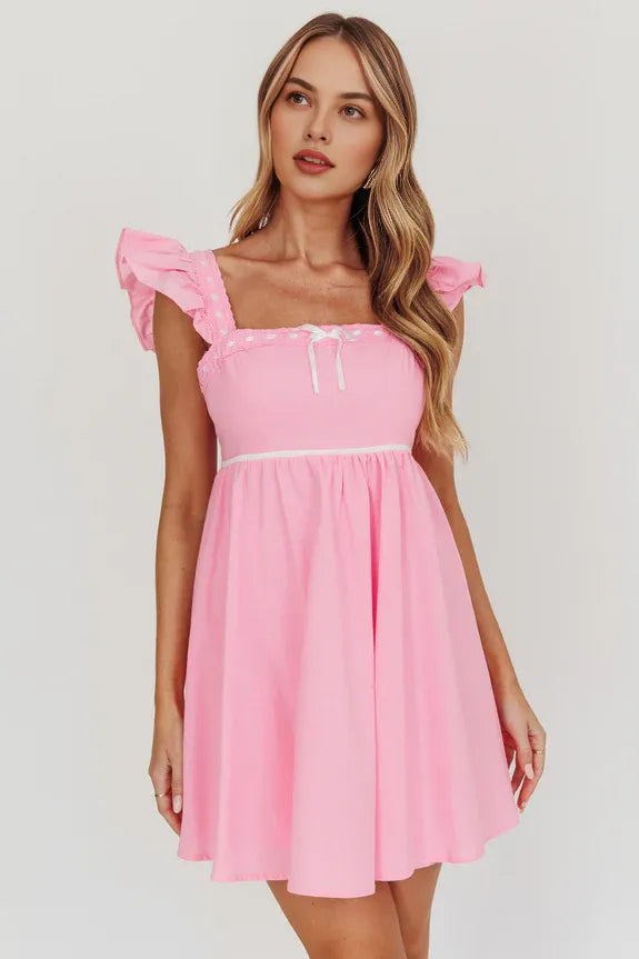 Babydoll Square Neck Flying Sleeves Ruffle Light Pink Mini Homecoming Dress