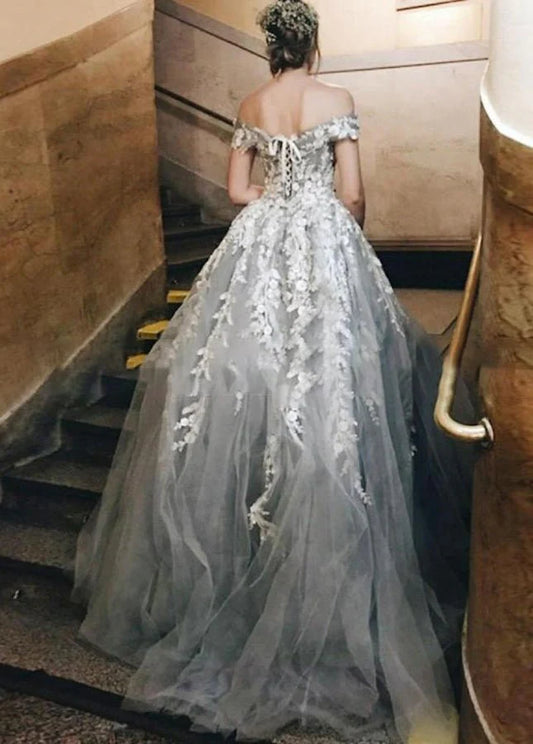 Ball Gown Beautiful Light Grey Tulle Off-the-Shoulder Lace-Up Appliques Floor length Wedding Dresses