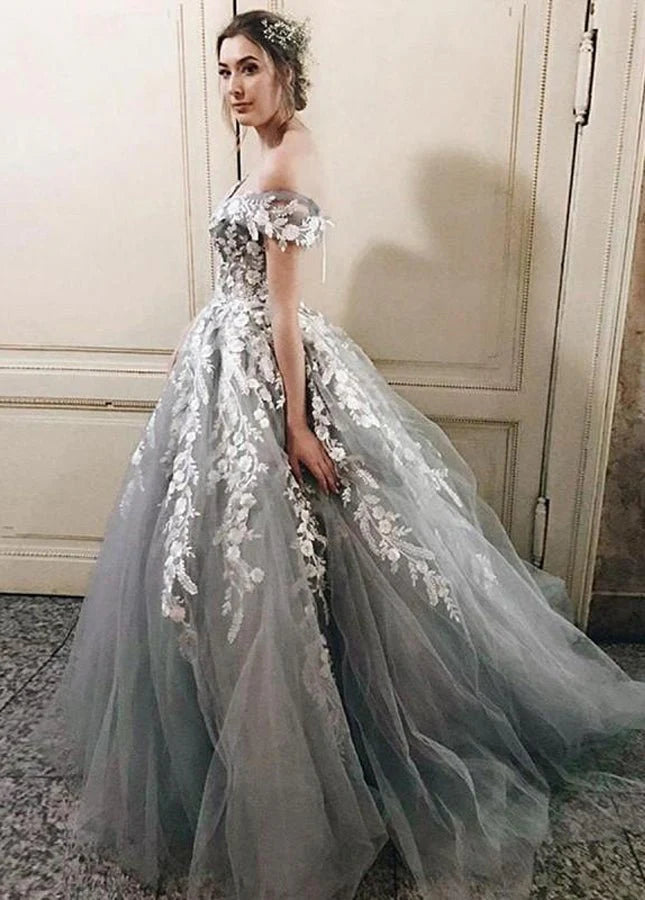 Ball Gown Beautiful Light Grey Tulle Off-the-Shoulder Lace-Up Appliques Floor length Wedding Dresses