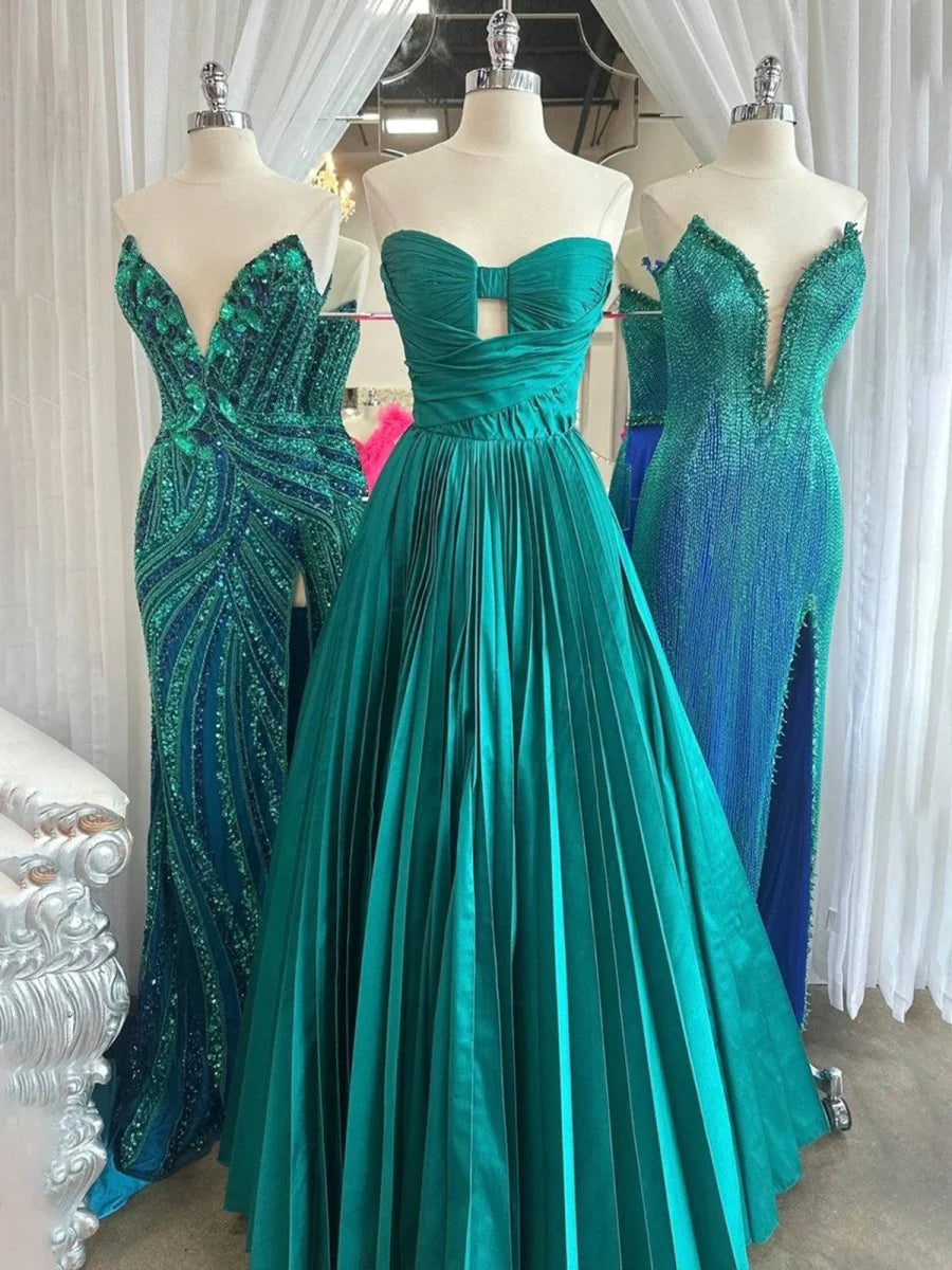 Ball Gown Black Satin Strapless Pleated Keyhole Cutout A-line Prom Dress Discount Long Evening Dresses