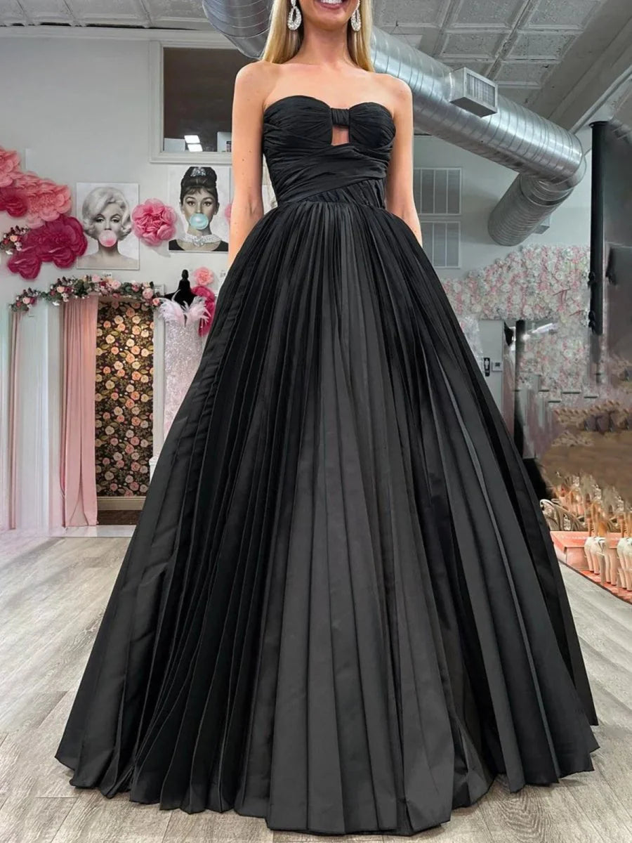 Ball Gown Black Satin Strapless Pleated Keyhole Cutout A-line Prom Dress Discount Long Evening Dresses