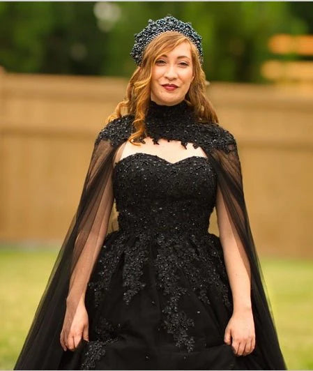 Ball Gown Black Tulle Crystals Appliques Beaded Sweetheart Long Wedding Dresses With Cape