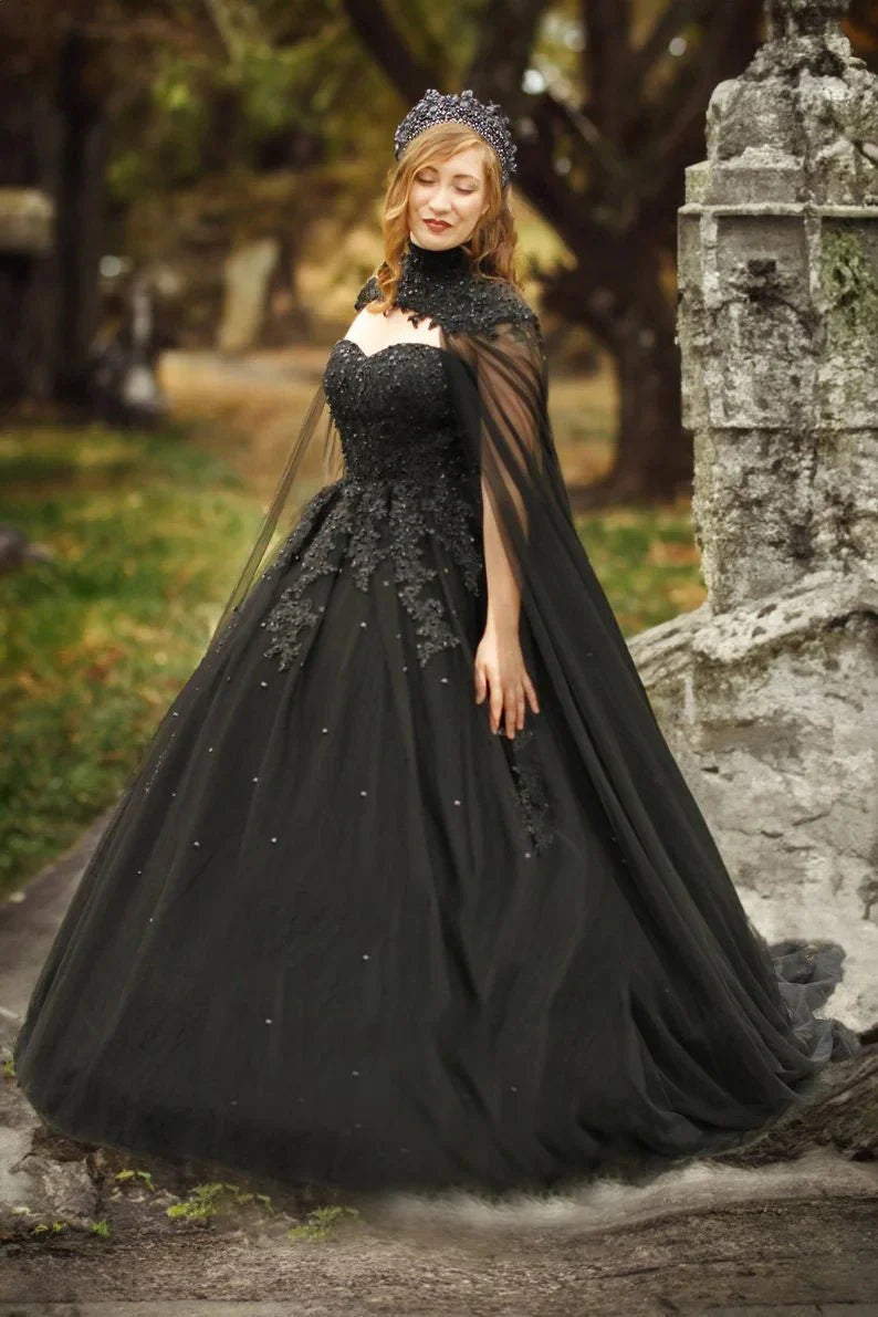 Ball Gown Black Tulle Crystals Appliques Beaded Sweetheart Long Wedding Dresses With Cape