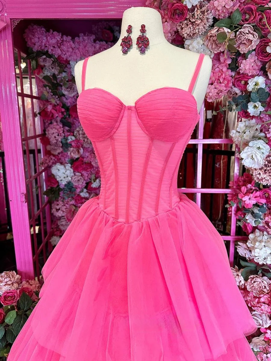 Ball Gown Hot Pink Tulle Tiered Ruffles Sweetheart A-line Bodycon Floor Length Long Prom Dress