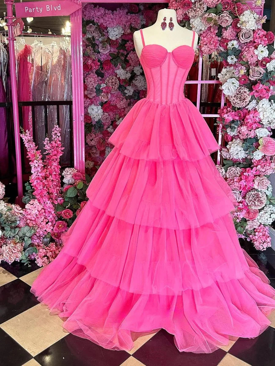 Ball Gown Hot Pink Tulle Tiered Ruffles Sweetheart A-line Bodycon Floor Length Long Prom Dress