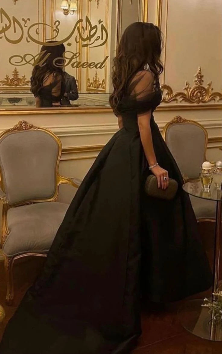 Ball Gown Pretty Black Satin Tulle Prom Dress Long Off Shoulder Evening Gown With Train For Ladies