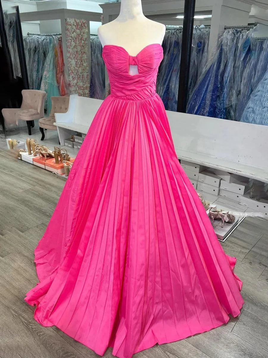 Ball Gown Red Satin Strapless Pleated Keyhole Cutout A-line Prom Dress Discount Long Evening Dresses