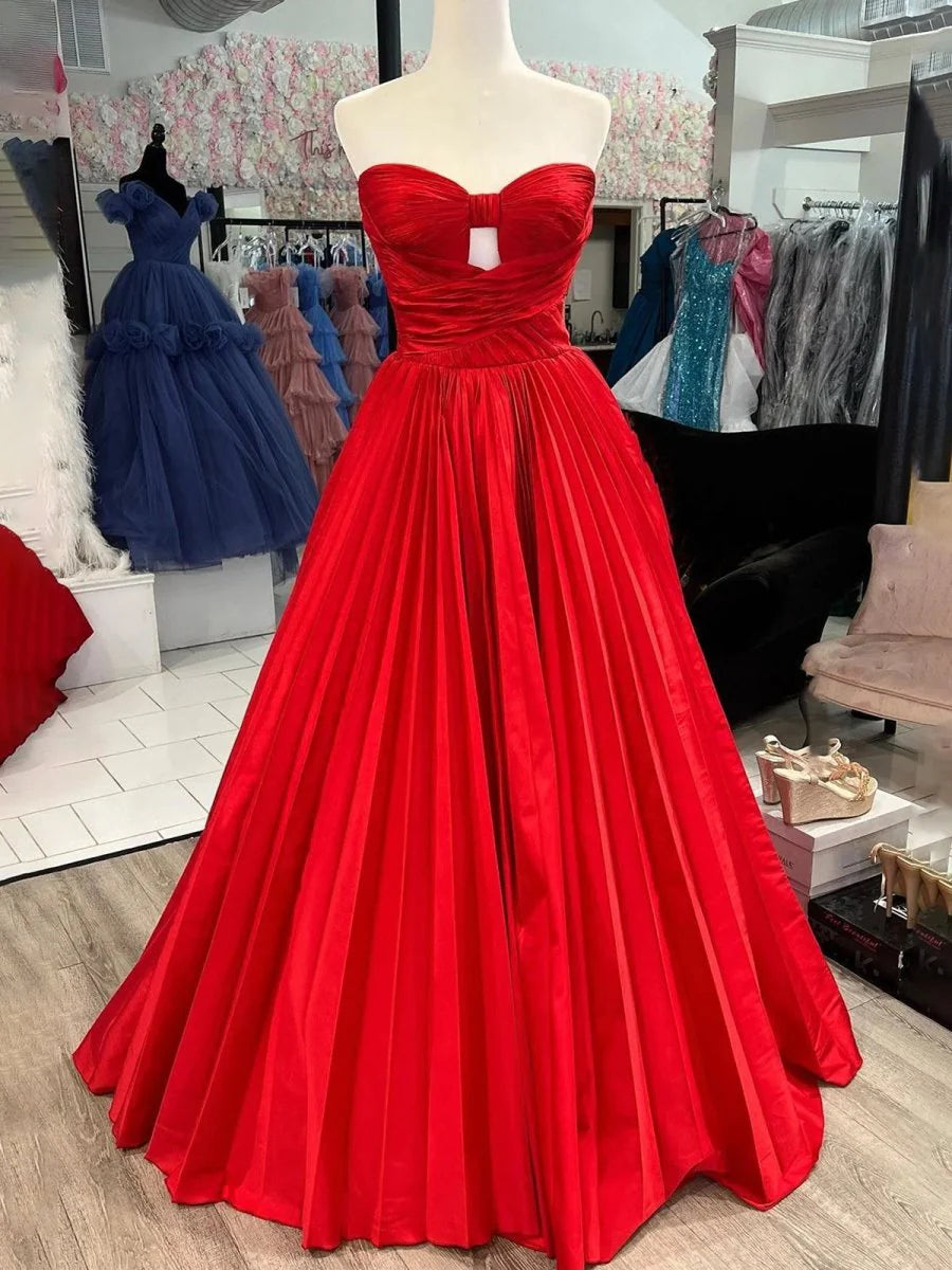 Ball Gown Red Satin Strapless Pleated Keyhole Cutout A-line Prom Dress Discount Long Evening Dresses