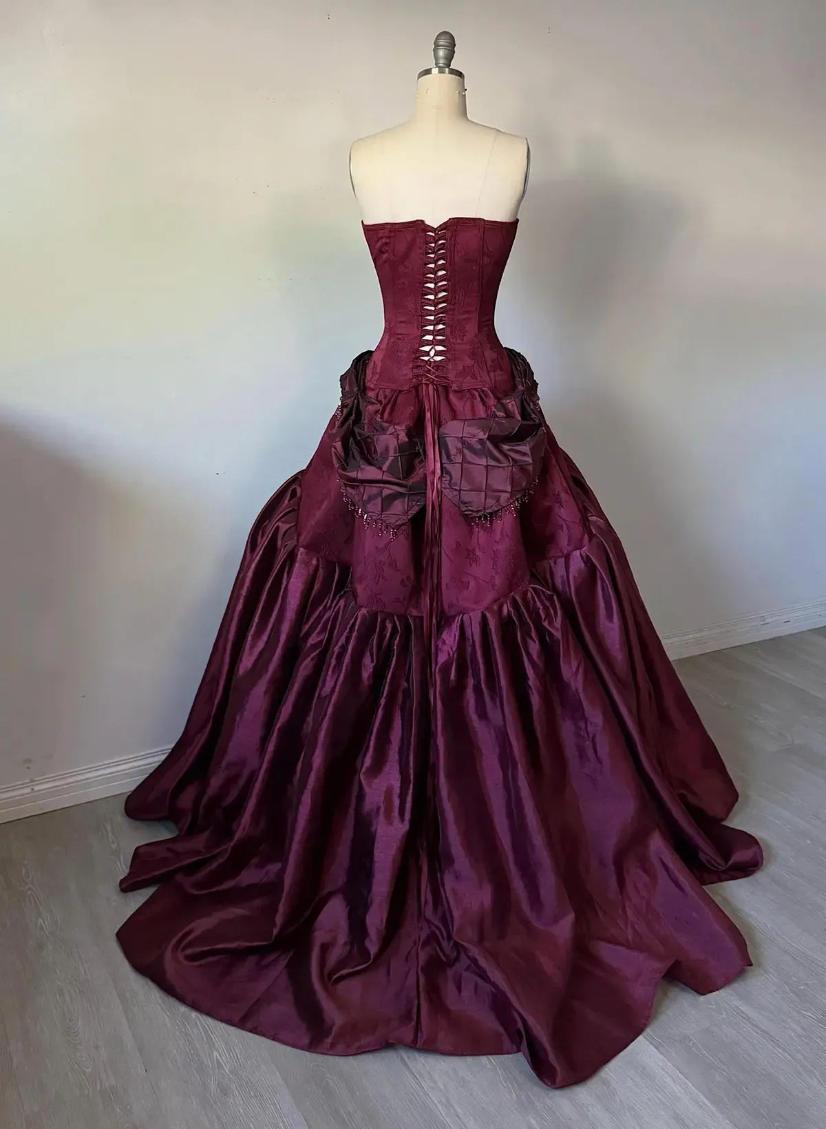 Ball Gown Strapless Beaded Bow Ruffle Satin Burgundy Train Prom Dress