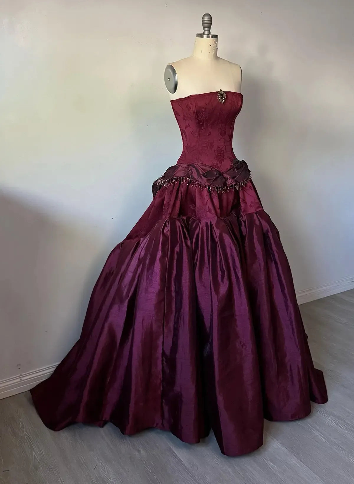 Ball Gown Strapless Beaded Bow Ruffle Satin Burgundy Train Prom Dress