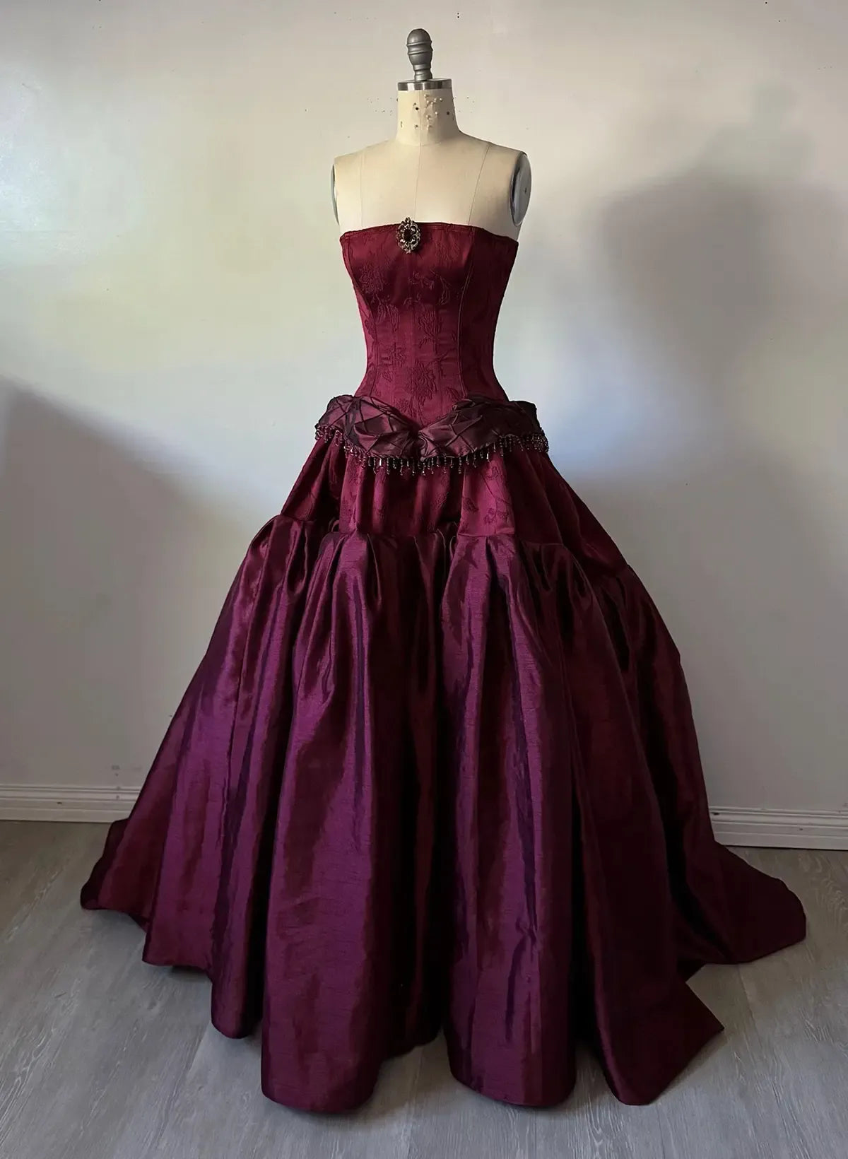 Ball Gown Strapless Beaded Bow Ruffle Satin Burgundy Train Prom Dress