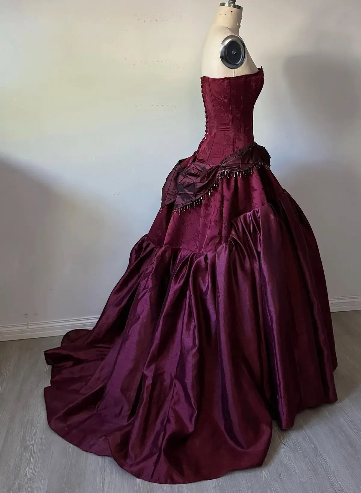 Ball Gown Strapless Beaded Bow Ruffle Satin Burgundy Train Prom Dress