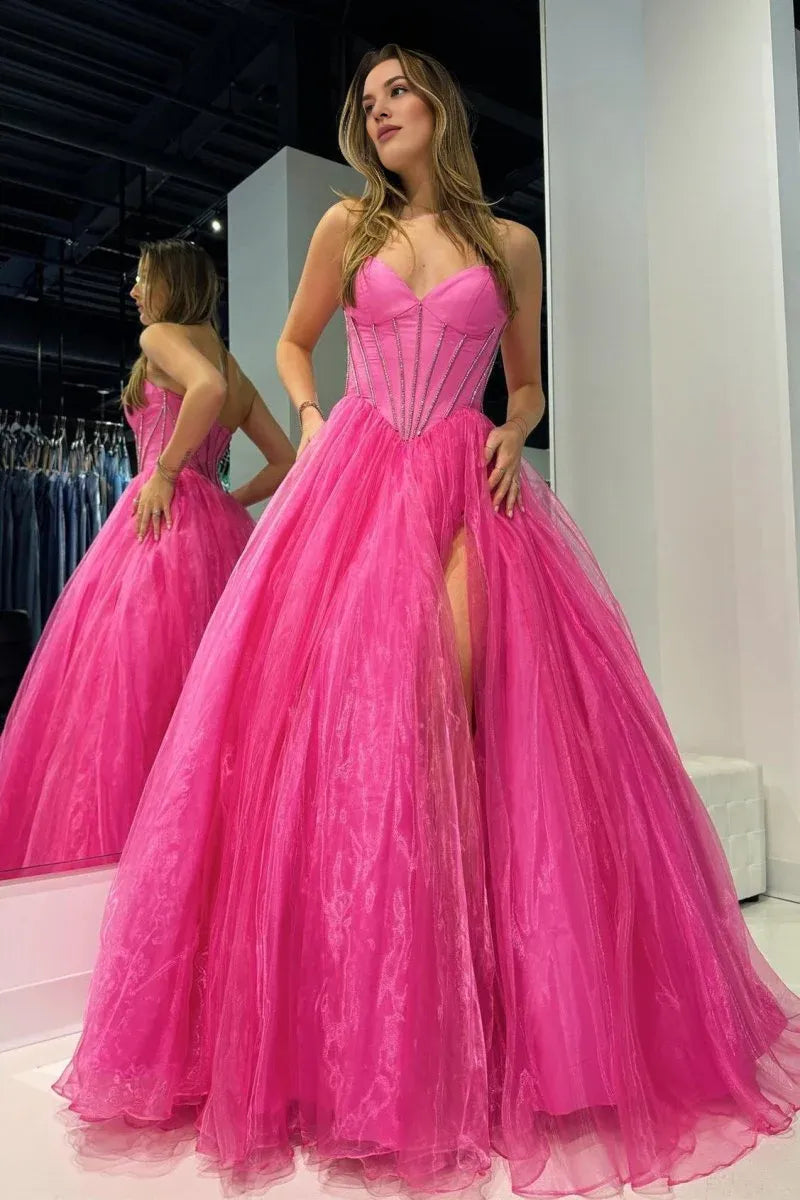 Ball Gown Strapless Beaded Tulle Hot Pink Floor Length Prom Dress with Slit