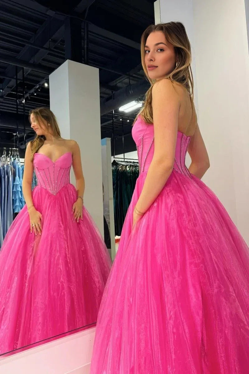 Ball Gown Strapless Beaded Tulle Hot Pink Floor Length Prom Dress with Slit