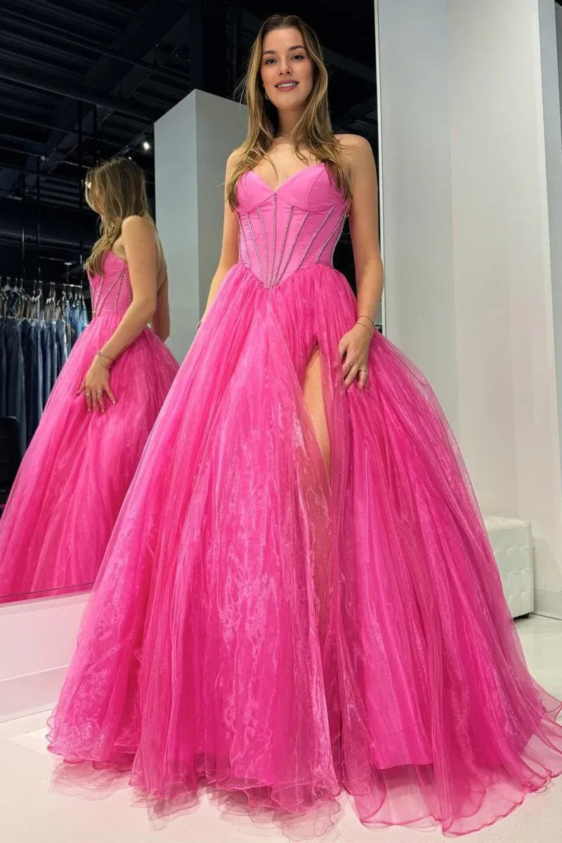 Ball Gown Strapless Beaded Tulle Hot Pink Floor Length Prom Dress with Slit