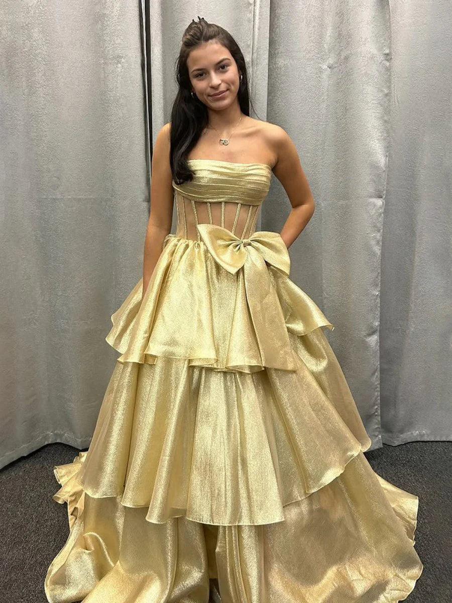 Ball Gown Strapless Tiered Organza Fuchsia Long Prom Dress With Bow