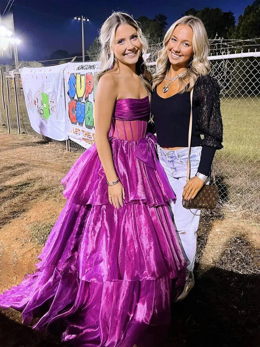 Ball Gown Strapless Tiered Organza Fuchsia Long Prom Dress With Bow