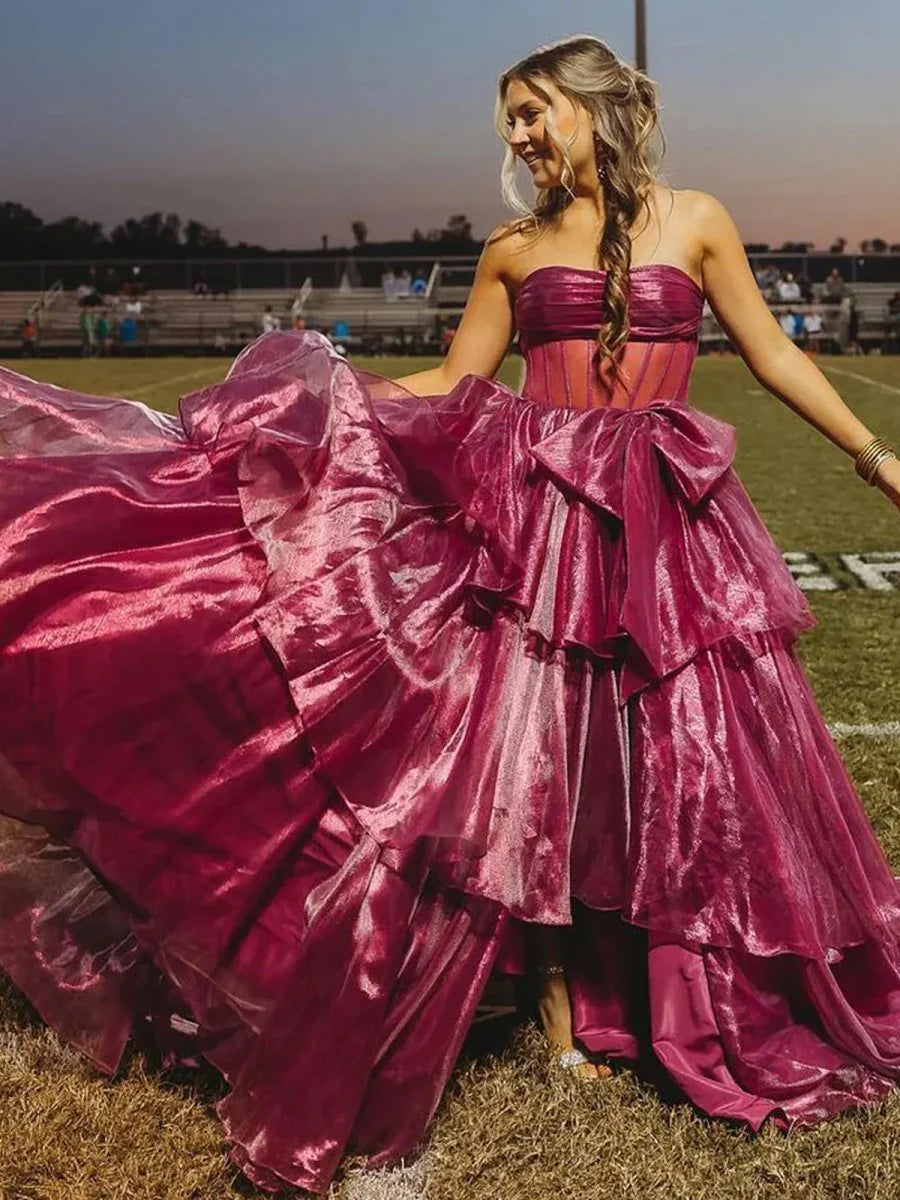 Ball Gown Strapless Tiered Organza Fuchsia Long Prom Dress With Bow
