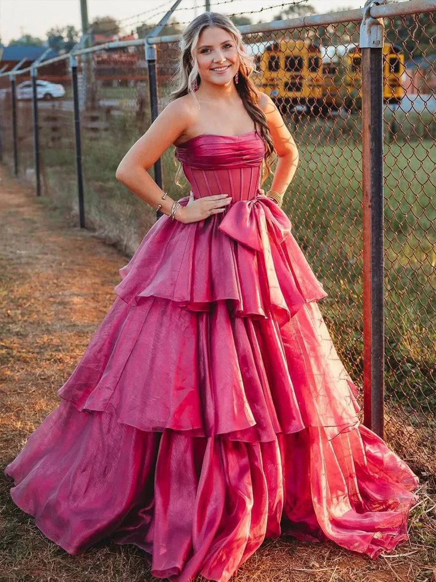 Ball Gown Strapless Tiered Organza Fuchsia Long Prom Dress With Bow
