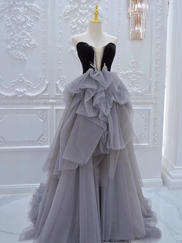 Ball Gown Sweetheart Sleeveless Strapless Pleated Tulle Gray Long Prom Dresses