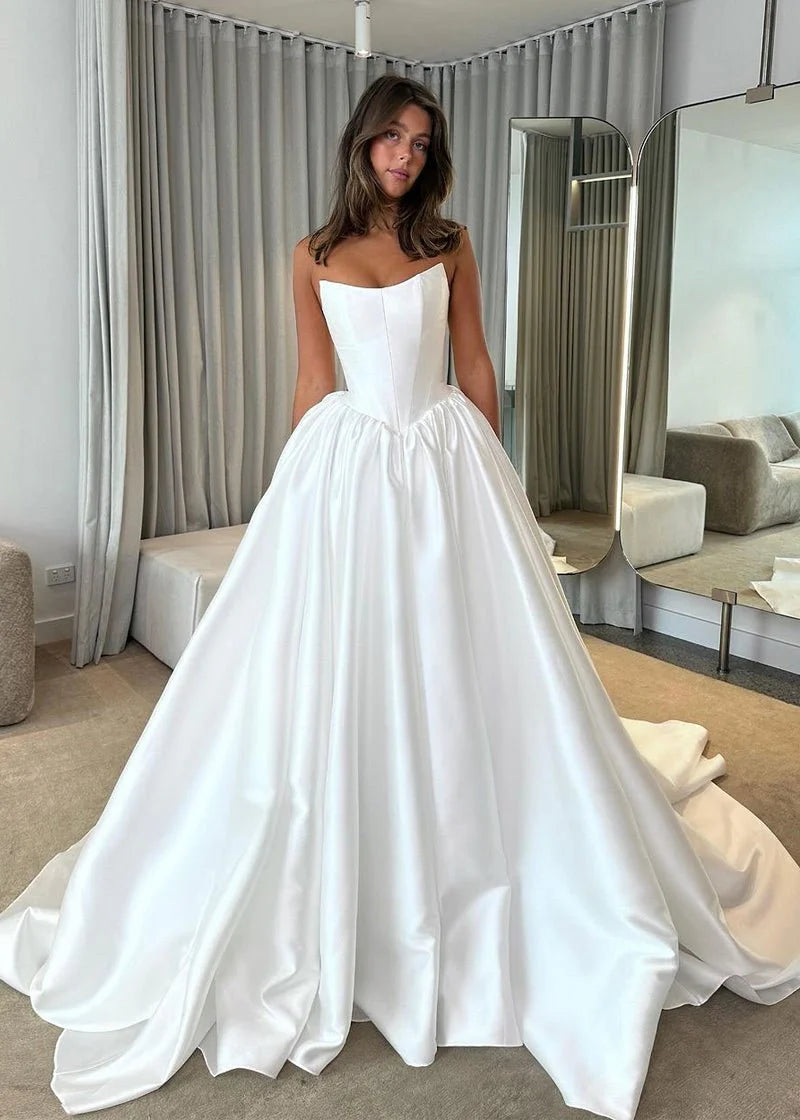 Ball Gown White Satin Strapless Sleeveless Zipper Back Or Button Wedding Dresses With Sweep Train