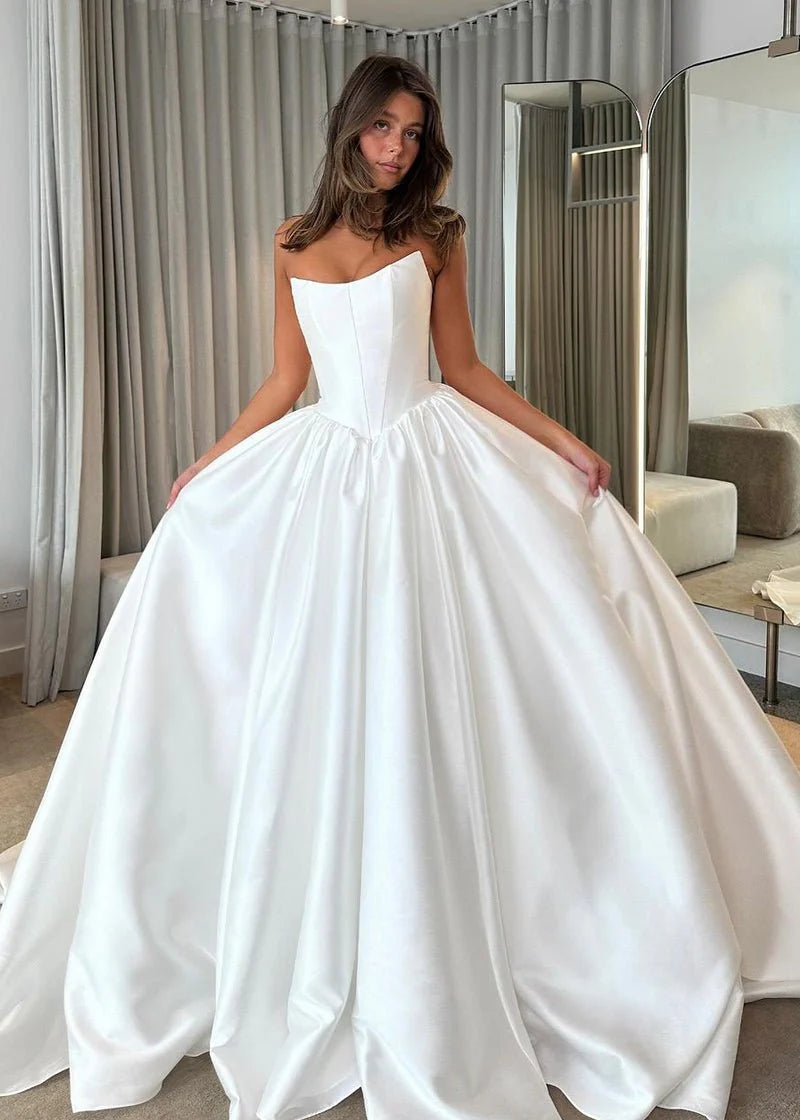 Ball Gown White Satin Strapless Sleeveless Zipper Back Or Button Wedding Dresses With Sweep Train