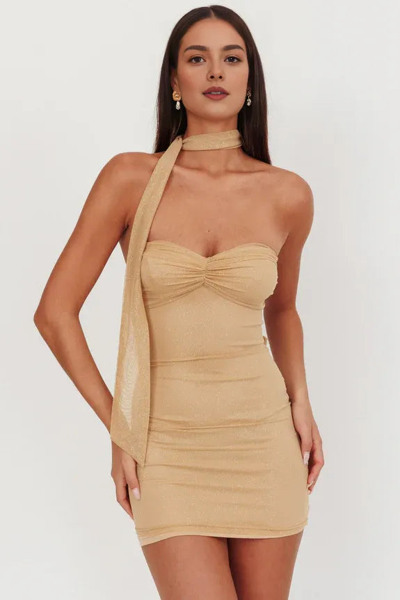 Bandeau Neck Tie Strapless Sparkle Mesh Gold Mini Homecoming Dress