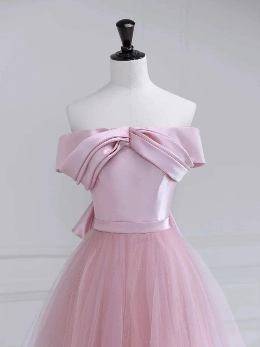 Bargain A-Line Off Shoulder Pleated Satin Tulle Pink Floor Length Prom Dress