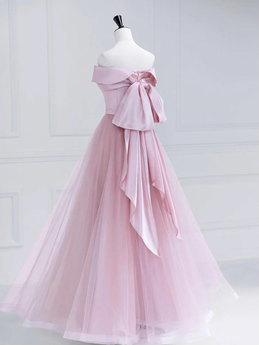 Bargain A-Line Off Shoulder Pleated Satin Tulle Pink Floor Length Prom Dress