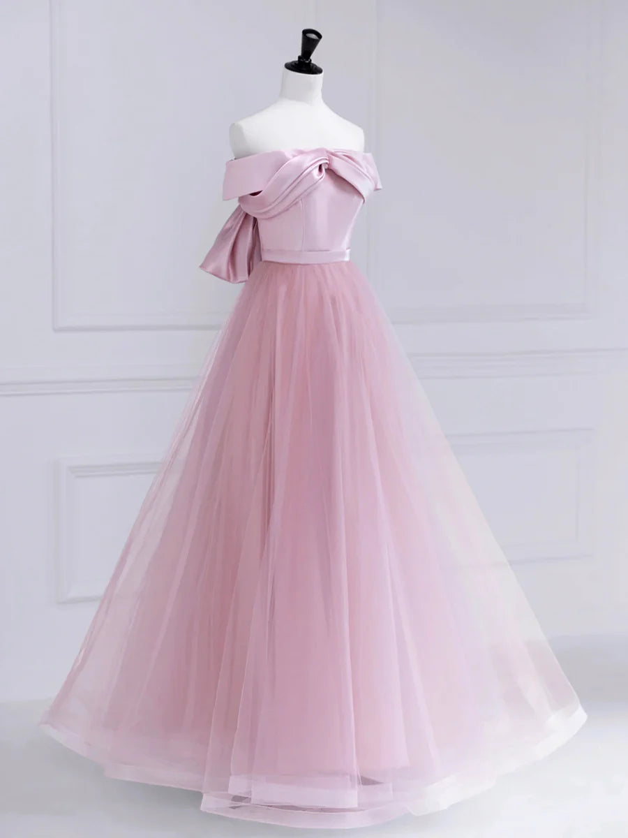 Bargain A-Line Off Shoulder Pleated Satin Tulle Pink Floor Length Prom Dress