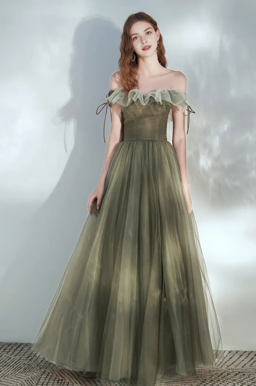 Bargain A-Line Off the Shoulder Ruffle Pleated Tulle Green Long Prom Dress