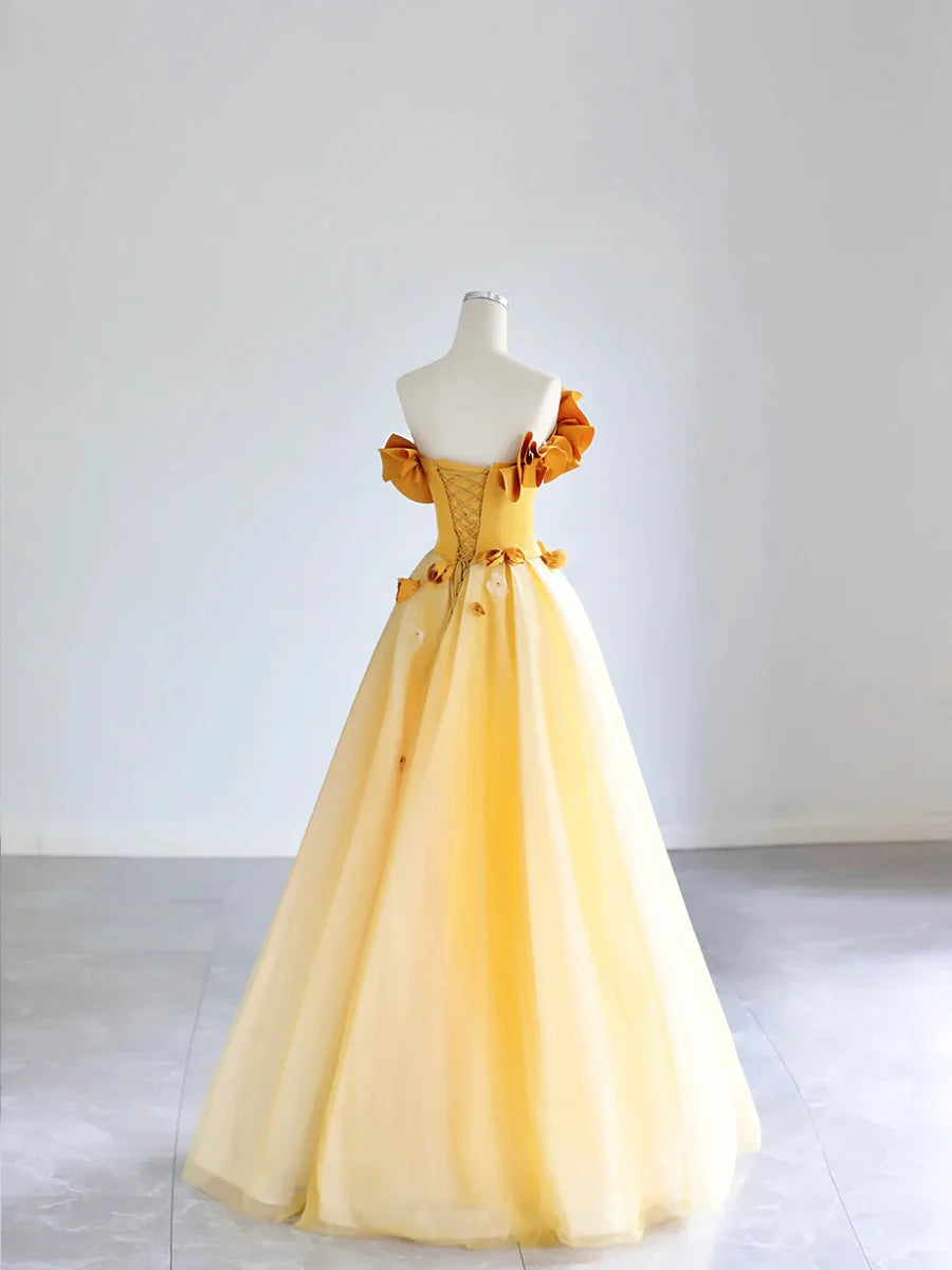 Bargain A-Line Off the Shoulder Sleeveless Backless Applique Tulle Yellow Long Prom Dress
