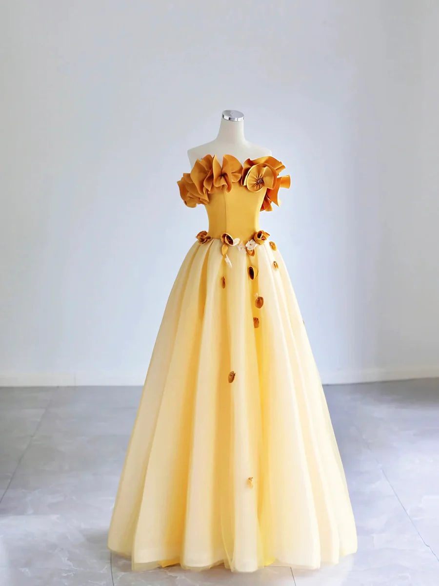 Bargain A-Line Off the Shoulder Sleeveless Backless Applique Tulle Yellow Long Prom Dress