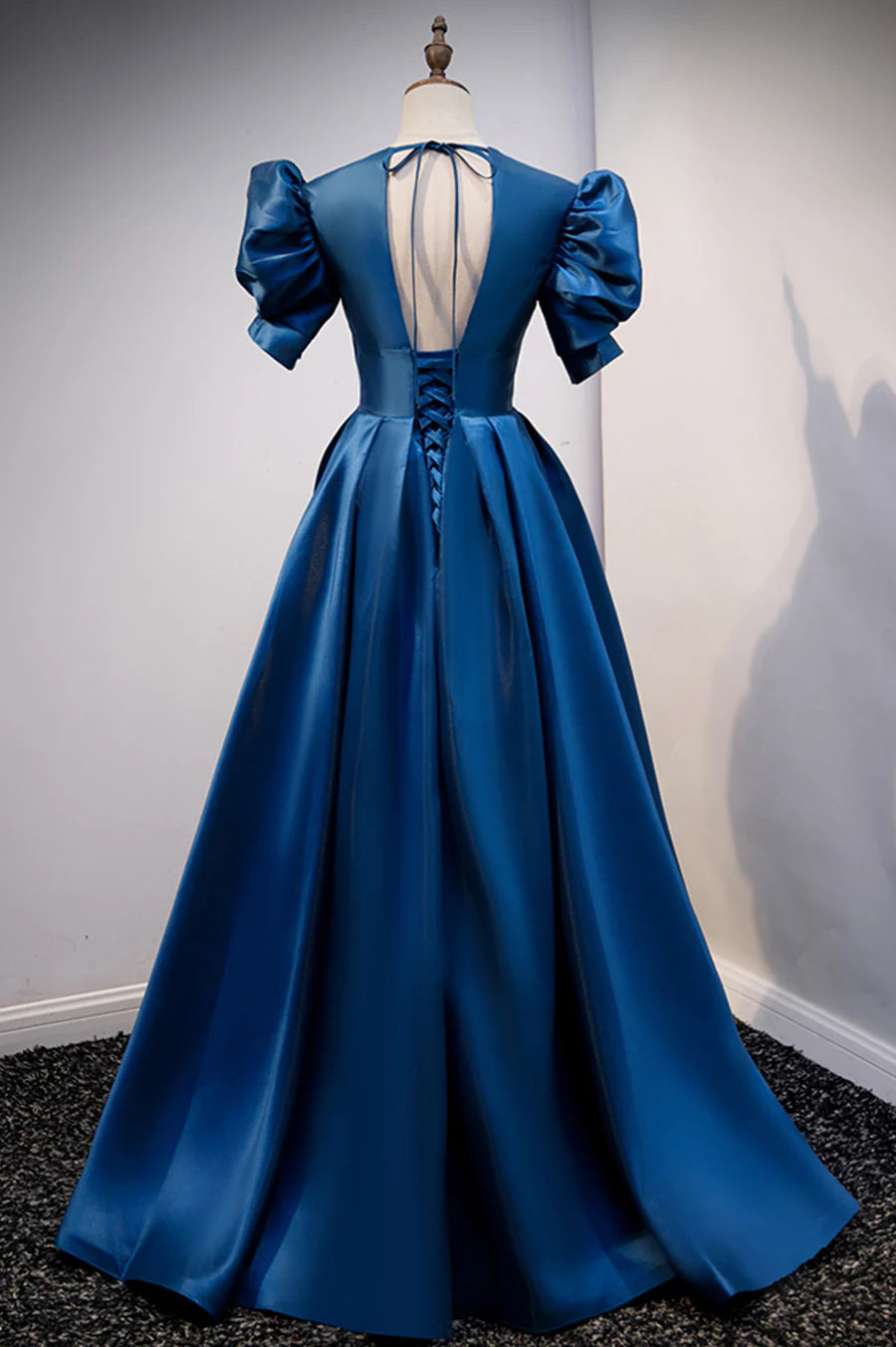 Bargain A-Line V-Neck Puff Sleeves Open Back Satin Blue Long Prom Dresses