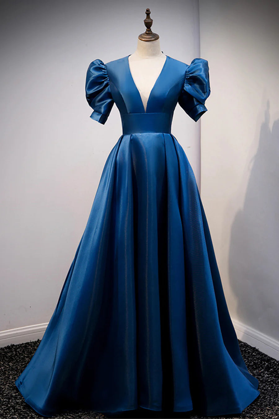 Bargain A-Line V-Neck Puff Sleeves Open Back Satin Blue Long Prom Dresses