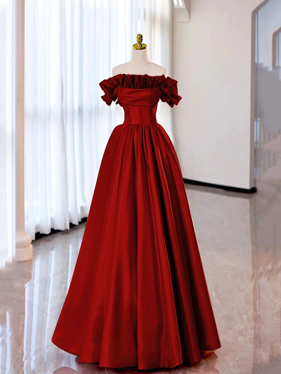 Bargain Burgundy Or Pink Satin Off the Shoulder A-line Floor Length Princess Dresses Prom Dress