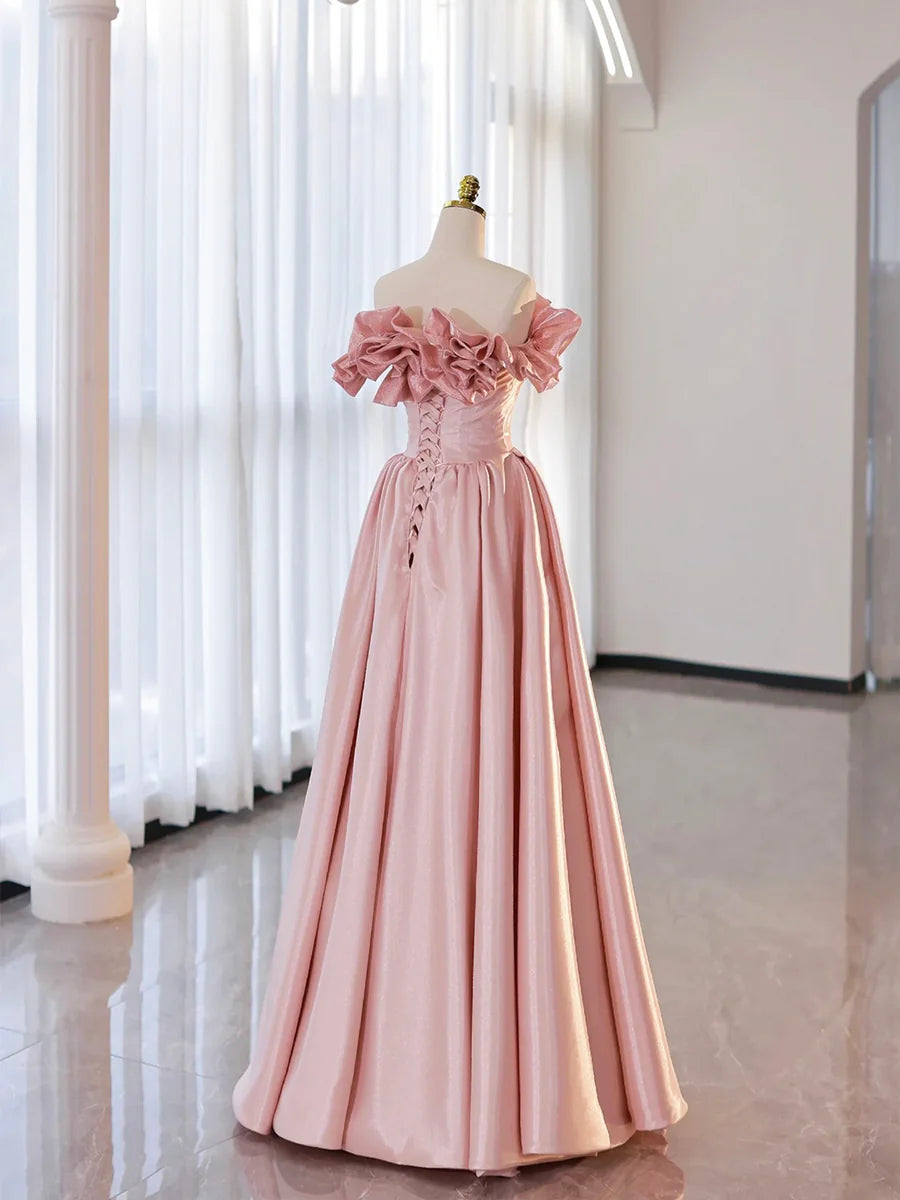 Bargain Burgundy Or Pink Satin Off the Shoulder A-line Floor Length Princess Dresses Prom Dress
