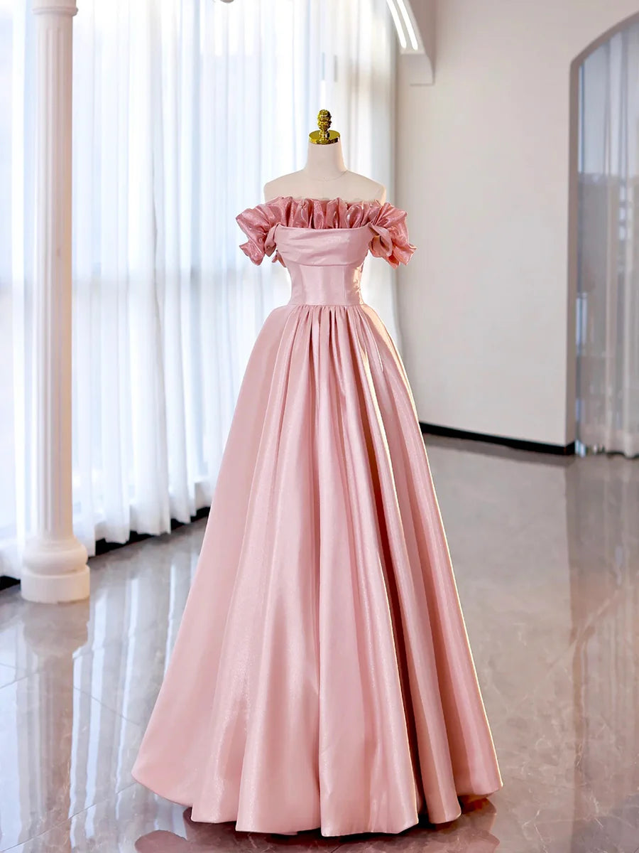 Bargain Burgundy Or Pink Satin Off the Shoulder A-line Floor Length Princess Dresses Prom Dress