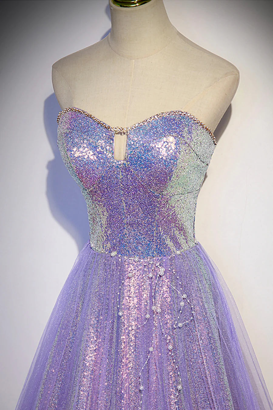 Bargain Pretty A-Line Strapless Cutout Sequin Purple Floor Length Prom Dress