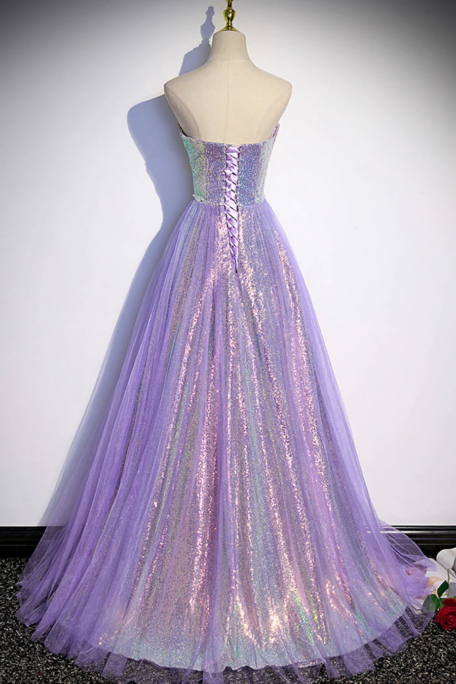 Bargain Pretty A-Line Strapless Cutout Sequin Purple Floor Length Prom Dress